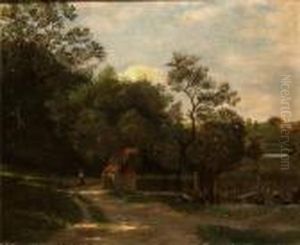 Schattiger Waldweg Mit Wanderin Am Gehoft by Wilhelm A. Lebrecht Amberg