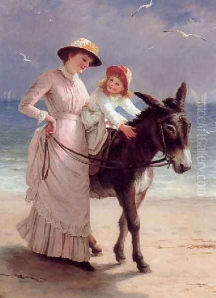 Mother and child promenading on a beach with a donkey - view 1