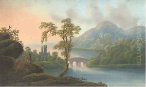 A capriccio view towards a bridge by Carlo Bossoli