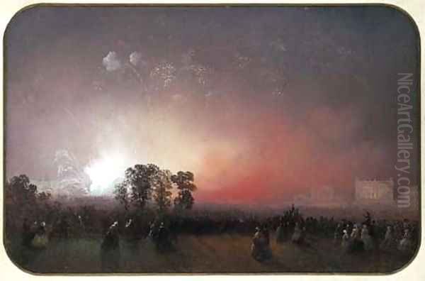 Fireworks over Bridgewater House on the occasion of the Peace Celebrations after the Crimean War, May 1856 - view 1