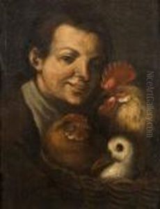 Jeune Garcon Tenant Un Panier Avec Coq, Poule Et Canard