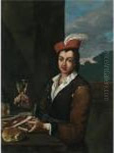 Portrait Of A Boy Seated At Table Holding A Glass Of Wine And Two Steaks by Antonio Amorosi