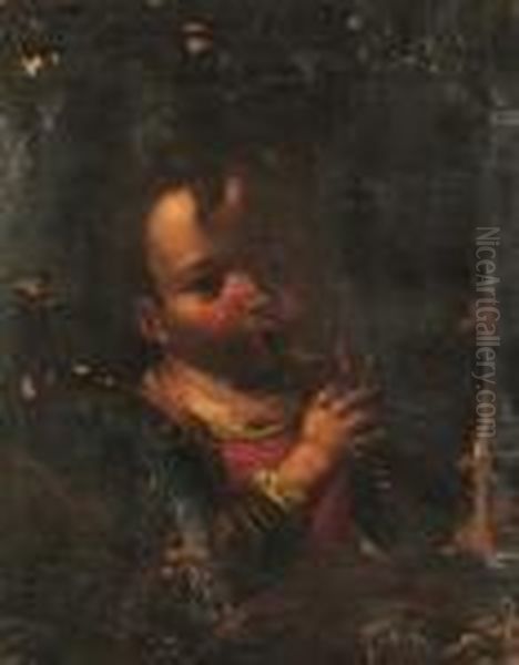 A Young Boy Playing A Pipe. - view 1