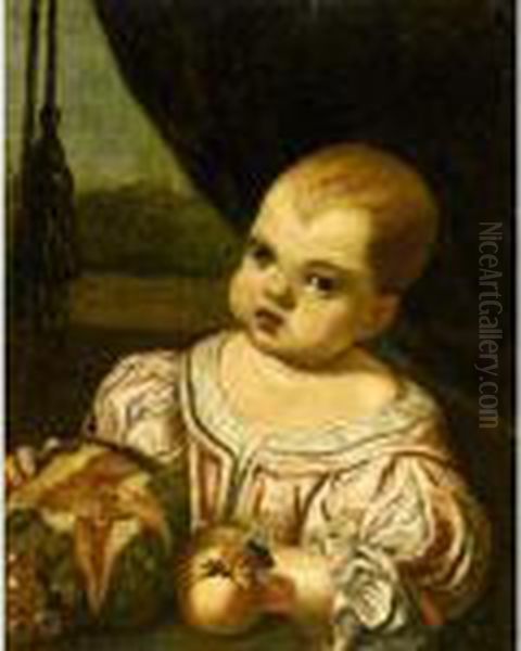 Portrait Of A Child, Half Length, Wearing A Pink Silk Dress And Holding A Melon - view 1