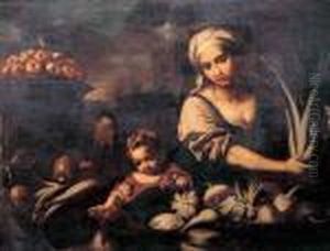 Venditrice Di Ortaggi E Frutta Con Bambina