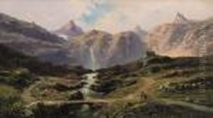 Paesaggio Montano Con Rifugio Alpino E Figure by Eugenio Amus