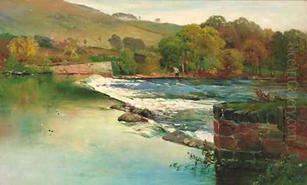 An angler fishing by a weir - view 1
