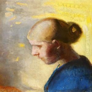 Portrait Of A Young Blond Girl In A Blue Dress With Her Hair In A Bun by Anna Ancher