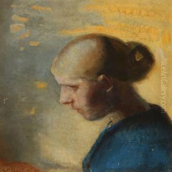 Portrait Of A Young Blond Girl In A Blue Dress With Her Hairin A Bun - view 1