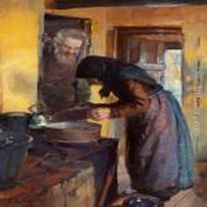 Interior From Skagen With Soren Bratten And His Wife In Thescullery by Anna Ancher