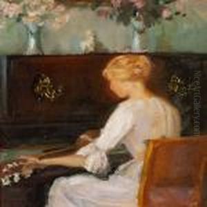 A Young Woman Playingguitar In Front Of A Piano