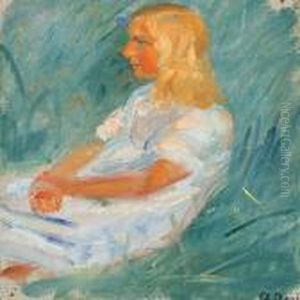 Girl In A White Dresssitting On The Grass by Anna Ancher