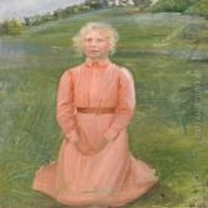 Ung Knaelende Pige I Lyserod Kjole by Anna Ancher