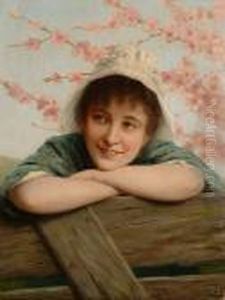 A Pretty Young Girl At A Gate With Pink Blossoms. by Ernst Anders