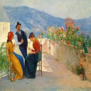Three Young Italians Ona Terrace In Gargnano At Lake Garda by Cilius Andersen