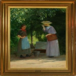 Exterior With Girland Young Woman In The Shadow Of A Tree by Cilius Andersen