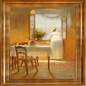 Interior From Italy With A Woman Looking Out The Window by Cilius Andersen