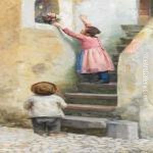 Two Italian Children Placing Flowers In A Niche By A Staircase by Cilius Andersen