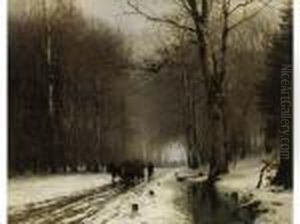 Pferdefuhrwerk In Verschneitem Wald by Anders Anderson-Lundby