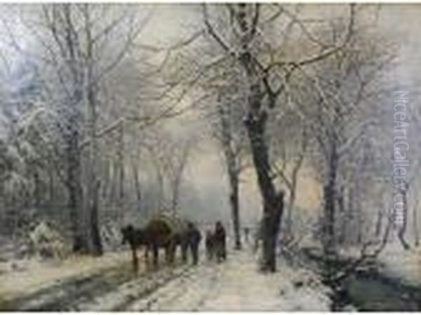 Wooded Winter Landscape Under
Snow With Family Walking Beside A Horse Drawn Covered Wagon On A Lane - view 1