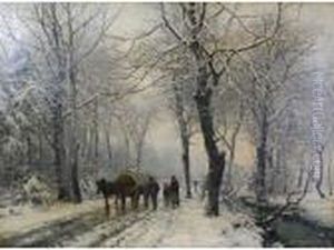 Wooded Winter Landscape Under 
Snow With Family Walking Beside A Horse Drawn Covered Wagon On A Lane by Anders Anderson-Lundby