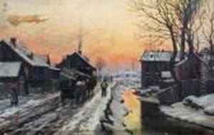 Winter Street Scene With Sunset by Anders Anderson-Lundby