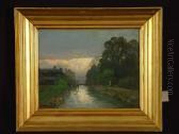 Angelnder Junge Am Kanal Im Abendlicht - view 1