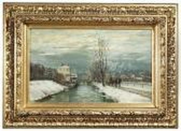 Winterlicher Kanal In Einer
Stadt Mitspaziergangern Und Pferdefuhrwerk Wahrend Der Abenddammerung - view 1