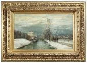 Winterlicher Kanal In Einer
Stadt Mitspaziergangern Und Pferdefuhrwerk Wahrend Der Abenddammerung by Anders Anderson-Lundby