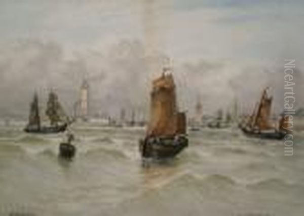 ' Off Portsmouth '
 A 19thc View Of Sailboats Off Portsmouth Quay With Buildings And Battleships Beyond - view 1
