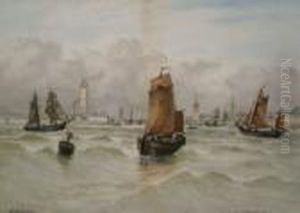 ' Off Portsmouth '
 A 19thc View Of Sailboats Off Portsmouth Quay With Buildings And Battleships Beyond