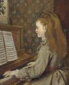 Portrait Of A Girl, Seated Half-length, In A Grey Dress, Playing The Piano by Sophie Gengembre Anderson
