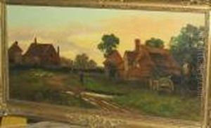 Farm Stead With Geese And Figures Before