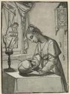 Woman Contemplating A Skull (b. 14) by Andrea Andreani