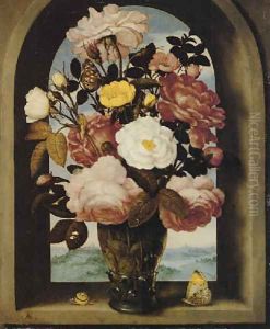 A still life of roses in a berkemeijer glass, with butterflies and a snail, in an arched stone window with a landscape beyond