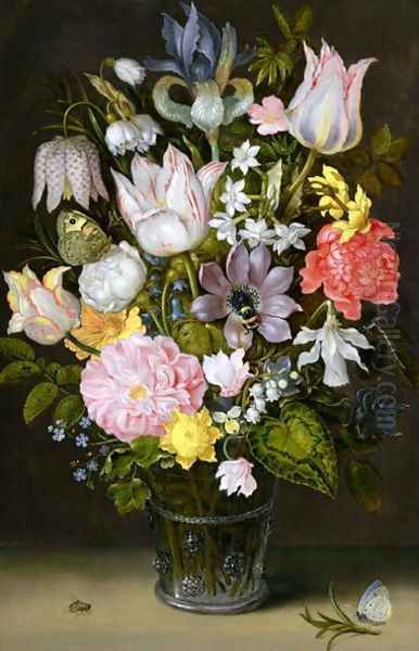 Still life of a bouquet of flowers including variegated tulips, bluebells, forget-me-nots and lily-of-the-valley (2) - view 1