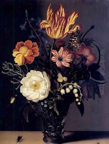 Nature morte au bouquet de roses, tulips et muguet dans un verre roemer - view 1