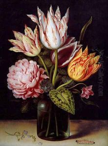 A Still Life With A Bouquet Of Tulips, A Rose, Clover And A Cylclamen In A Green Glass Bottle