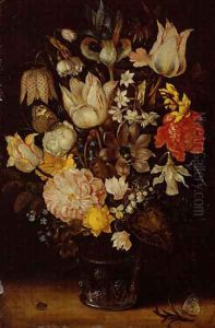 Still life of a bouquet of flowers including variegated tulips, bluebells, forget-me-nots and lily-of-the-valley (1) by Ambrosius the Elder Bosschaert
