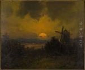 Moonlight, Oil On Board, 
Depicting A Windmill In A Landscape, Signed Lower Left. Framed: 13 In. X
 15 In