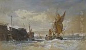 A Ketch-rigged Barge In Choppy Waters In The Medway, With Rochester Castle Beyond