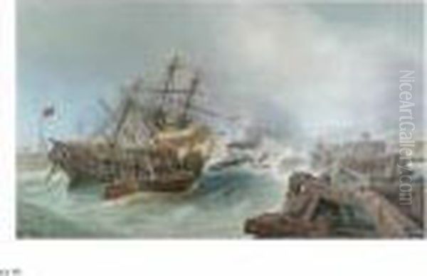 Paddle Tug Guiding A Merchantman Into A Harbour, Probably Dover, In Choppy Seas - view 1