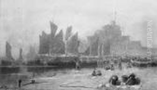 Unloading The Day's Catch Before Ambleteuse Castle, Normandy - view 1