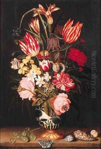 Flowers in a Chinese porcelain vase, with grapes, shells and a butterfly on a stone ledge