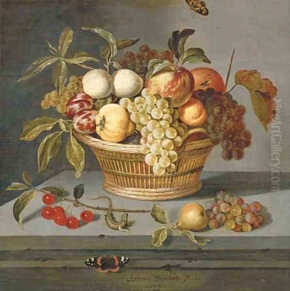 Grapes with a pear, an apricot, apples and plums in a wicker basket with a sprig of cherries, a lizard and a Red Admiral butterfly on a stone ledge - view 1