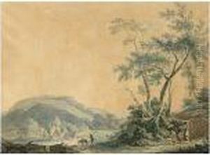 A Pastoral Hilly Landscape With Figures Walking On The Outskirts Of A Small Village by Jurriaan Andriessen
