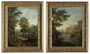 An Extensive Wooded Landscape 
With A Muleteer And A Cattle Drover,a Farm, A River And Mountains Beyond