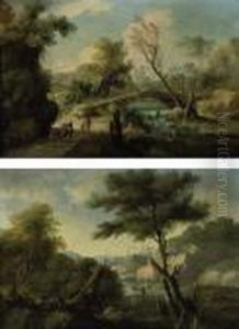 A Wooded River Landscape With 
Travellers Approaching A Bridge And An Angler Seated On A Bank