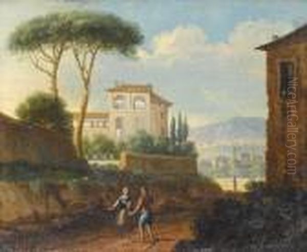 Figures On A Path Before An Italianate Palace,a Landscape Beyond - view 1