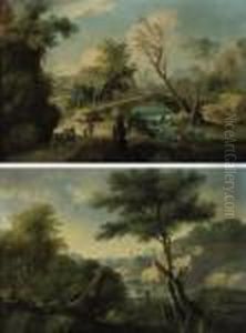 A Wooded River Landscape With 
Travellers Approaching A Bridge Andan Angler Seated On A Bank